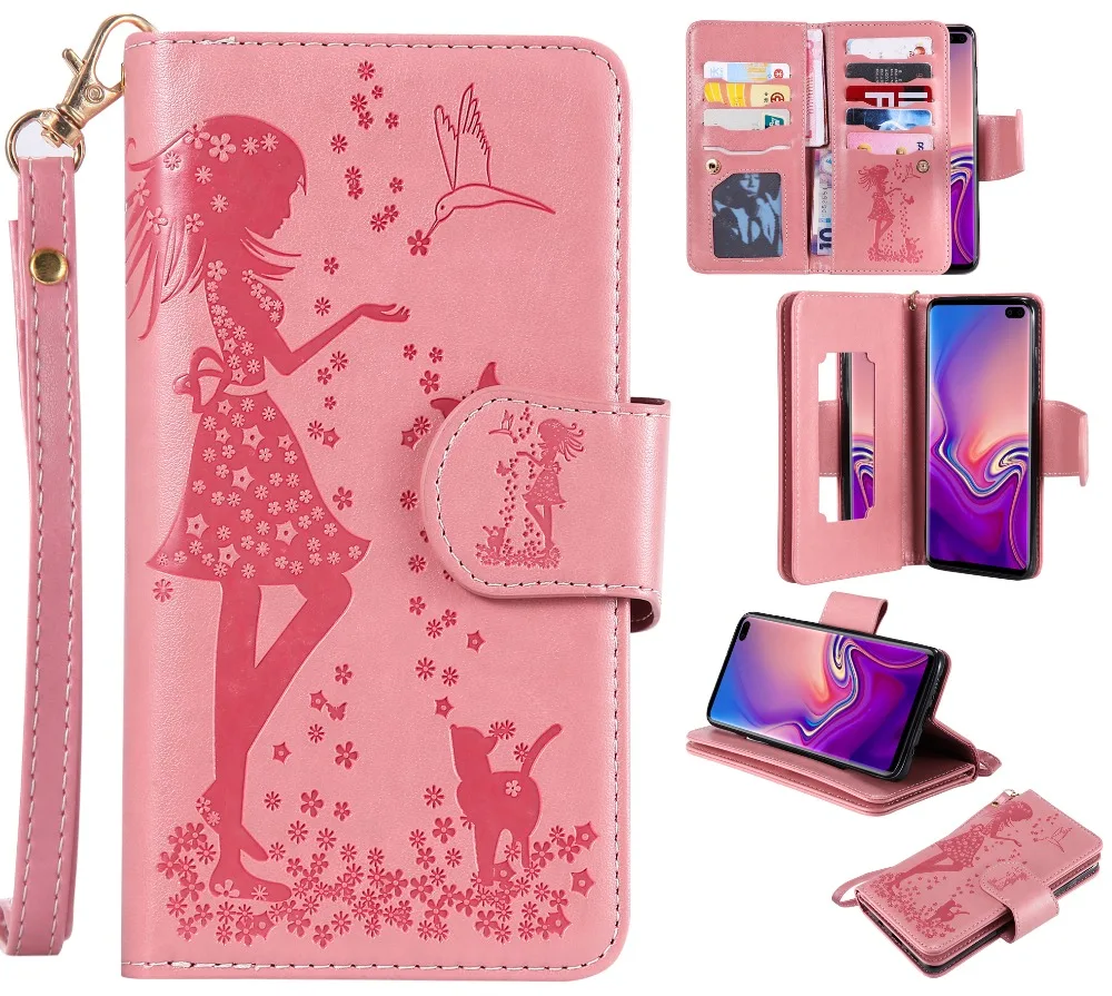 Card Slot Mirror Beautiful girl and cute cat case for Samsung Galaxy S10 plus Leather Beauty Female Handbag phone cases Coque |