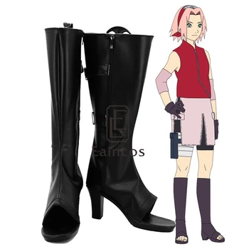 

Anime Naruto Haruno Sakura Cosplay Shoes Black Peep Toe Boots Custom Made