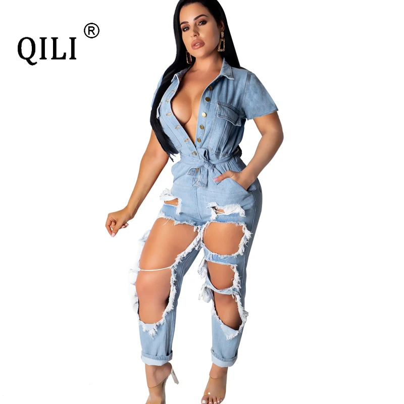 QILI 2019 Осенняя женская джинсовая одежда комбинезоны модные с вырезами Короткие