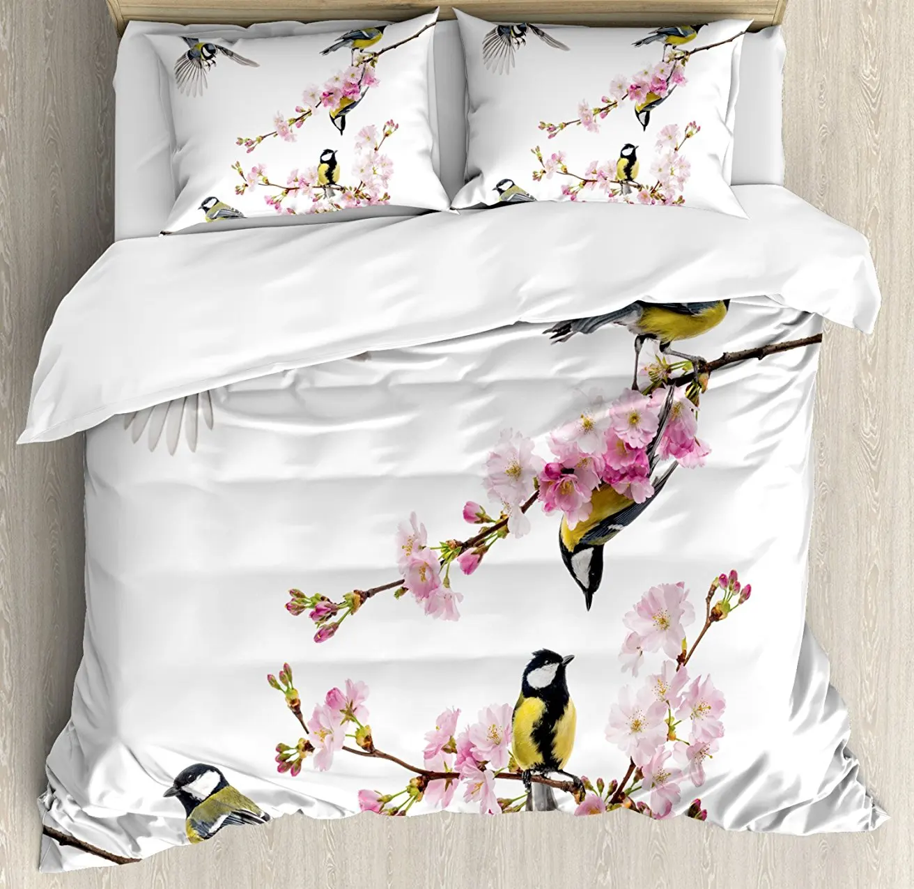 

Duvet Cover Set, Group of Cute Humming Birds on a Flowering Branch Best Friends Peace Illustration Home, 4 Piece Bedding Set