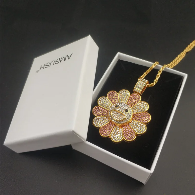 

2019 Ambush Ins Popular Hiphop Streetwear Iced out Rotatable Takashi Murakami Sunflower Pendant Necklace Jewelry