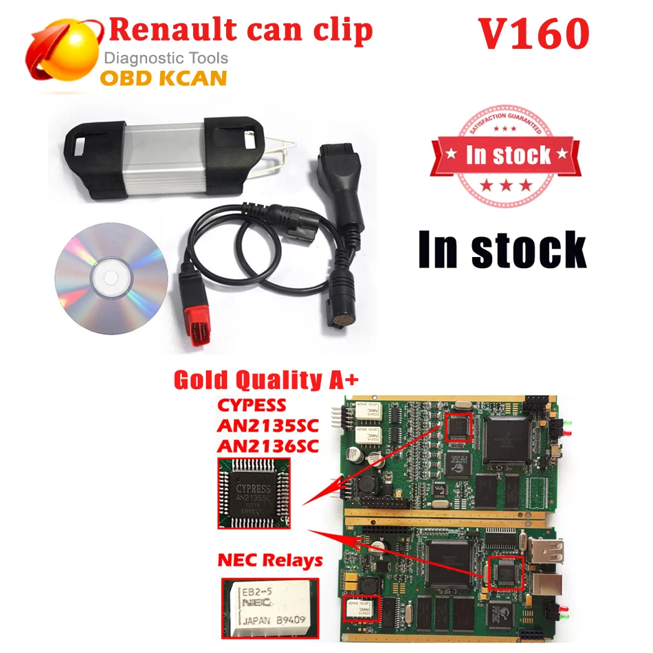 

Top-Rated newest V160 Multi-languages auto diagnostic interface CYPRESS AN2135SC/2136SC Chip Renault Can Clip with full chip