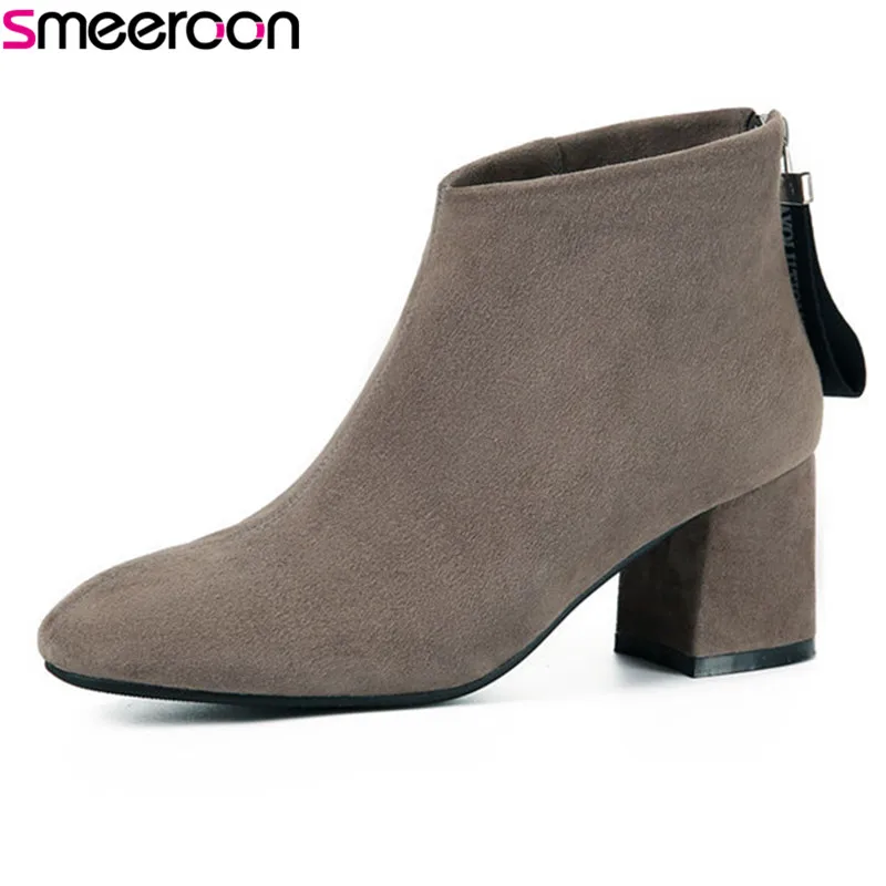 

Smeeroon 2018 new kid suede leather boots round toe high heels ankle boots zip autumn winter boots for women party shoes