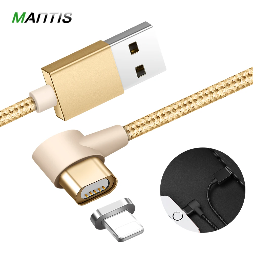 MANTIS 90 grado magnético Cable para iPhone XR X S X ángulo recto 2.4A rápido de carga de Nylon Cable de cargador USB para iPhone 8 7 6 5 Plus