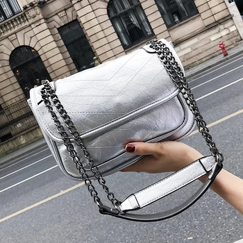 

Simple Silver Bags for Women Shoulder Bag Soft PU Leather Messenger Bag Ladies Flap Brand Designer Crossbody Bag with Chains