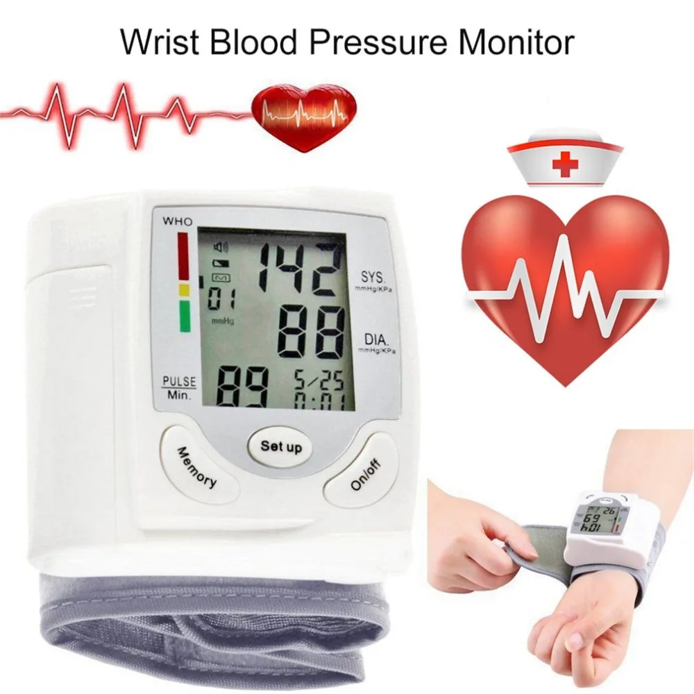 Portable automatic blood pressure monitor medical digital LCD display wrist tonometer pulse heart rate monitor blood pressure monitor blood pressure meter