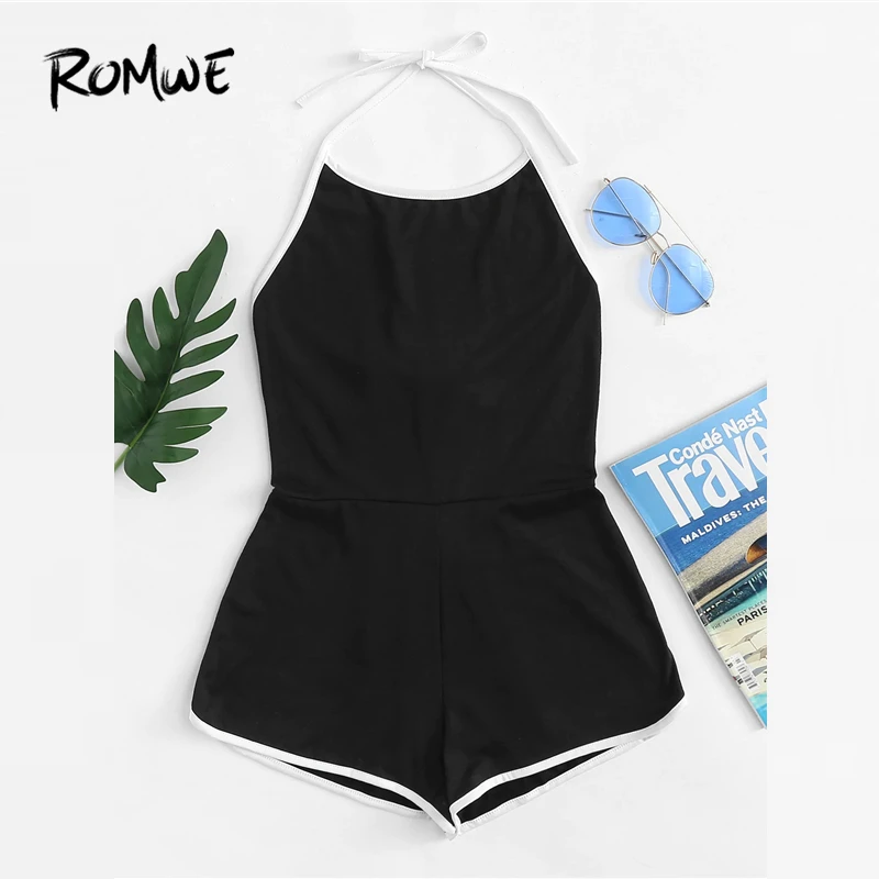 

ROMWE Open Back Knot Halter Romper 2019 Sexy Glamorous Black Sleeveless Romper Chic Women Summer Mid Waist Playsuits