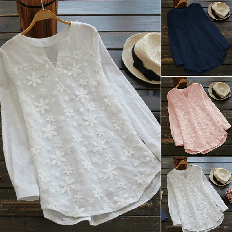 

Women Casual V-Neck Long Sleeve T-Shirt Lace Patchwork Loose Casual Confortable Plus Size Top New arrive