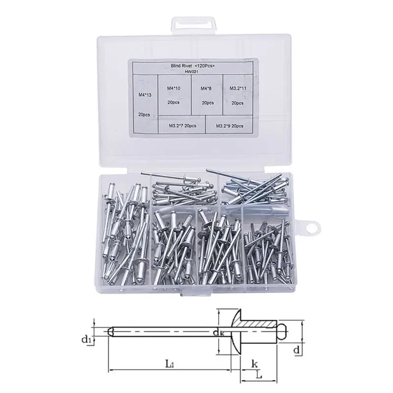 

120Pcs/set M3.2*7/9/11 M4*8/10/13 GB12618 Aluminium Blind Rivets Nail Decoration Pop Rivets For Furniture Assortment Kit