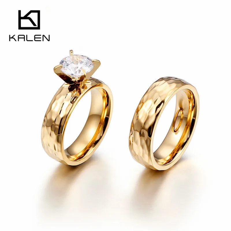 

Kalen New Zircon Couple Rings Stainless Steel Gold Finger Rings for Men Women Fashion Engagement Wedding Band Rings Jewelry