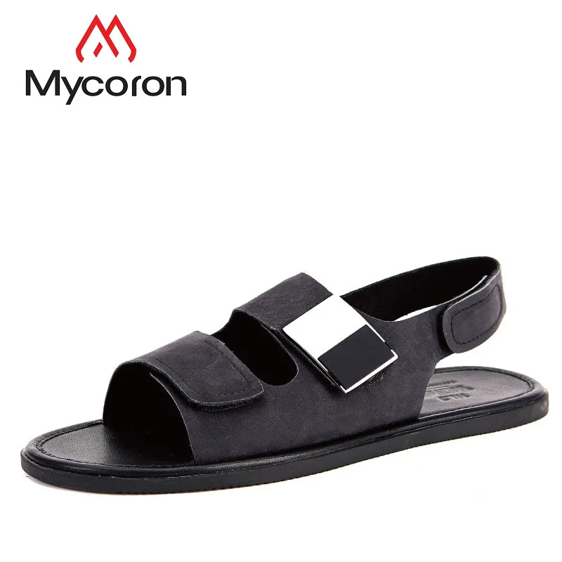 

MYCORON Genuine Leather Men Sandals Luxury Fashion Black Handmade Male Beach Summer Leather Sandals Men Teenslippers Heren