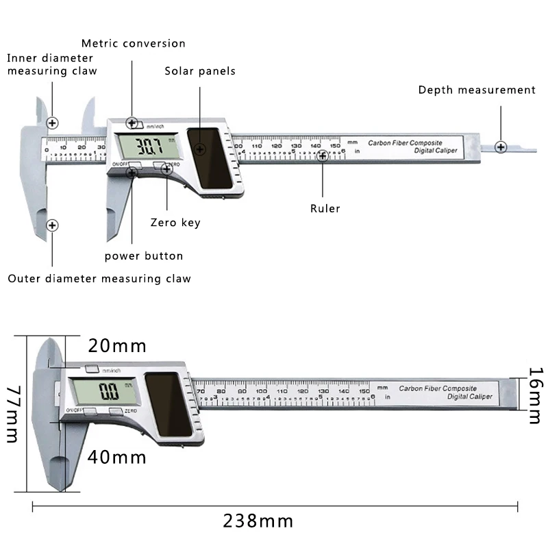 

Electronic Solar Plastic Caliper Mini Caliper Jewelry Measurement Vernier Caliper Digital Display 0-150mm for Metal Processing