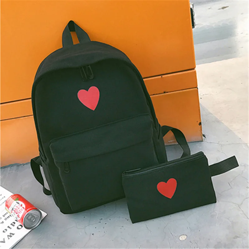 

2 Pcs/Set Korean Women Backpack Canvas Love Heart Printed Lady Travel Bag Girls Students Pencil Case School Bags WML99