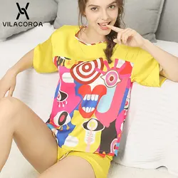 Новая Летняя шелковая пижама комплект Для женщин печати граффити моды короткий рукав с круглым вырезом топ и шорты комплект из 2 частей