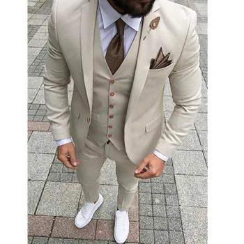 

Custom Made New Style Beige Men Suits Slim Fit 3 Piece Groom Tuxedos PromParty Suits Men Blazer (Jacket+Vest+Pants)