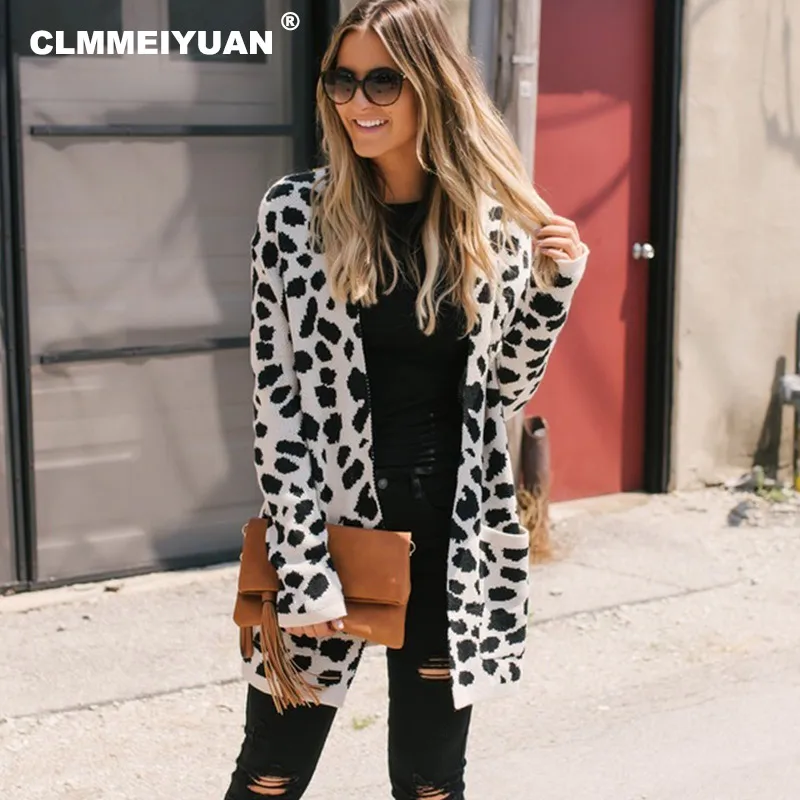 Elegant Leopard Print Cardigans Sweaters Women 2018 Autumn Winter Ladies Fashion Warm V-Neck Open Stitch Knitted Sweater Coats |
