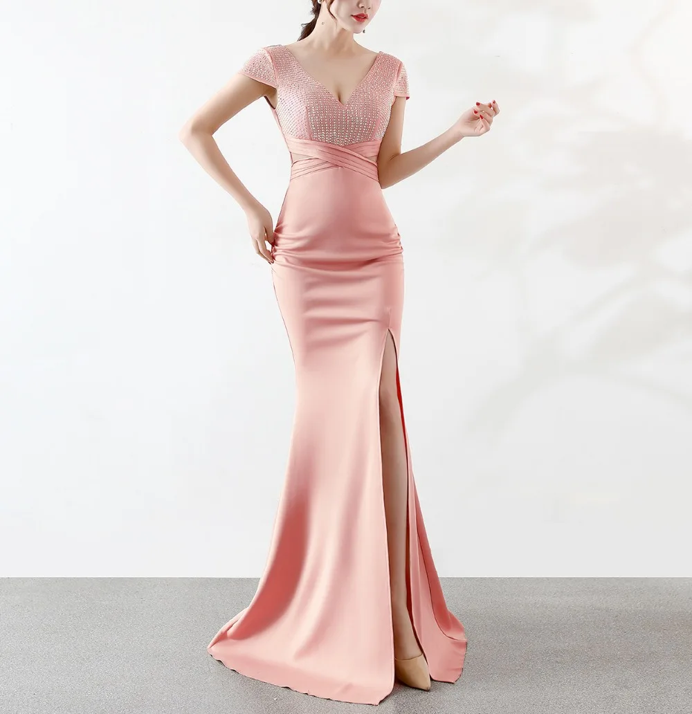 Solovedress Prom Dress Mermaid Бисер с разрезом на ноге прорезью официальное свадебное платье Кепки рукава с глубоким v-образным вырезом платье с