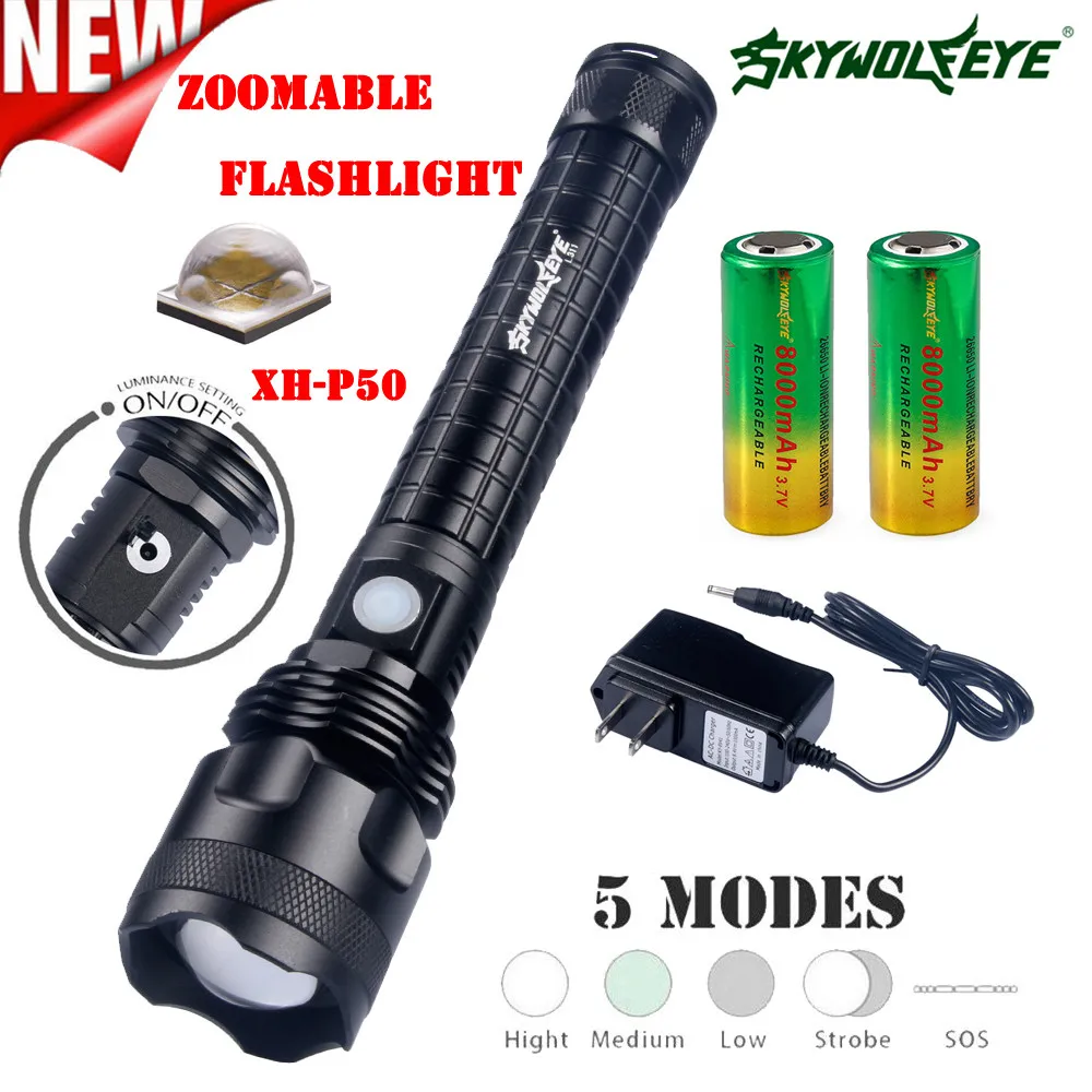 

SkyWolfEye XH-P50 5 Modes Powerful LED Flashlight Torch Telescopic light Camping Zoomable + 26650 Battery + Charger Dropship PJ4