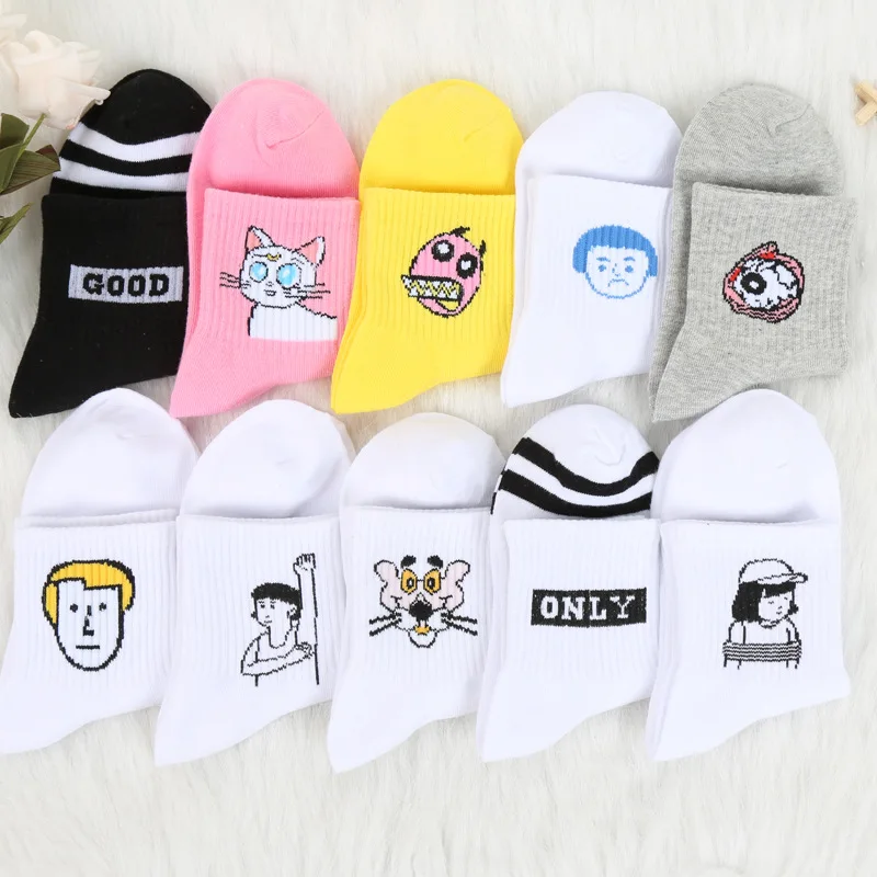 

Women and Men Cotton Short Socks Korean Funny Cat eye Head portrait Pattern Creative Lovers Sox Harajuku Novelty pink white