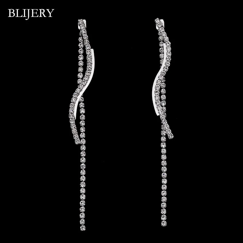 

BLIJERY Elegant Silver Color Crystal Rhinestone Bridal Wedding Earrings Simple Geometric Hanging Long Dangle Earrings For Women