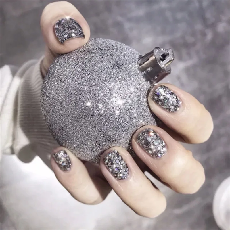 

Ins Dark Silver Sequins False Nail With Design Pre-design Square Head French Fnished Nails Art Adhesive Lot With Glue 24Count