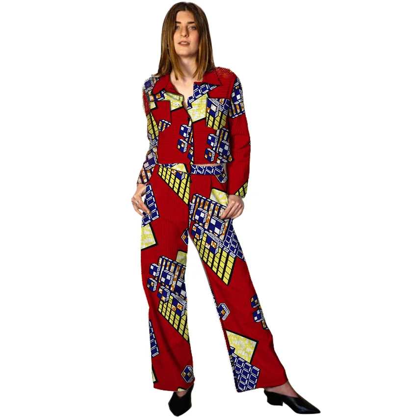 

Fashionable African clothing dashiki clothes custom shirt sets for women Turn-down Collar tops with wide leg pants
