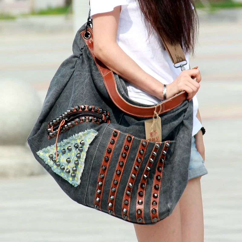 

FREE SHIPPING 2017 Canvas women's cowhide handbags patchwork rivet shoulder crossbody PUNK handbag casual bags large capacity