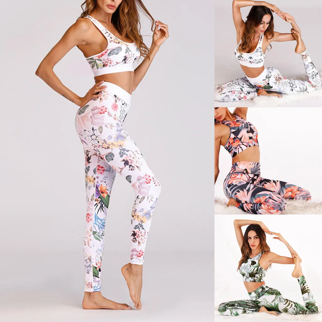 

fashion Women flower Digital Printing Vest Trousers Sports Suit Pants Fitness Suit 2PCS set free shiping
