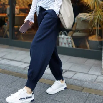 

JVEII Women fashion cashmere knit casual pants sports high waist loose harem pants nine pants wide leg pants casual blue