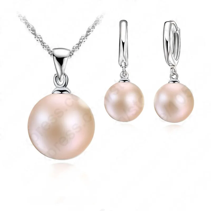 

Pink Freshwater Pearl 925 Sterling Silver Jewelry Sets Necklace+Natural Pearl LeverBack Hoop Earrings Wedding Accessories