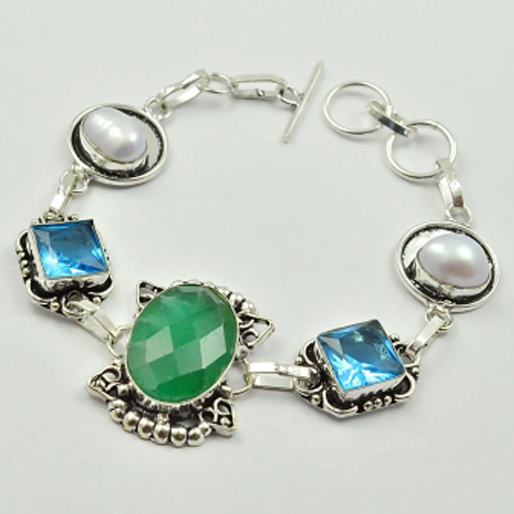 

Emeralds & Blue Topas Bracelet Silver overlay over Copper , 20.5 cm, B2708