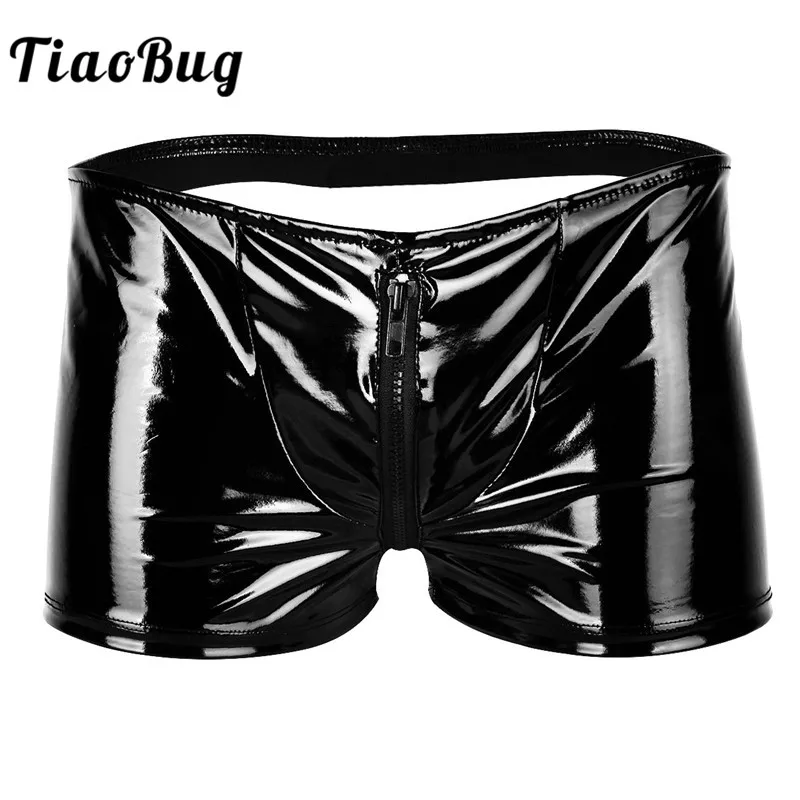 

TiaoBug Men Black Underpants Shiny Metallic Patent Leather Open Zipper Bulge Pouch Open Butt Hot Sexy Boxer Shorts Gay Underwear