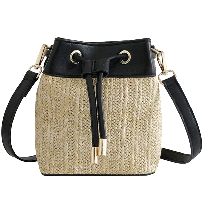 

Woven Straw Bag Rattan Bag For Women Small Bucket Bag Crossbody Shoulder Bags Pu Drawstring Messenger