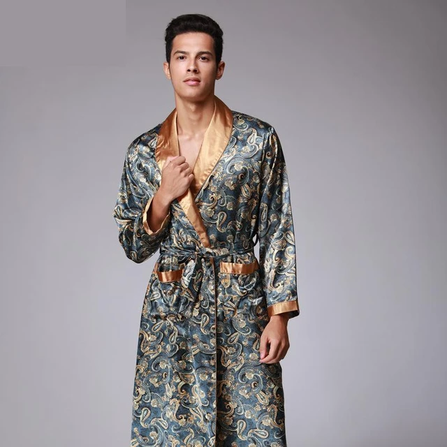 Men's Dressing Gown Paisley Antique Gold Olive Green Quilted Satin |  Baturina Homewear