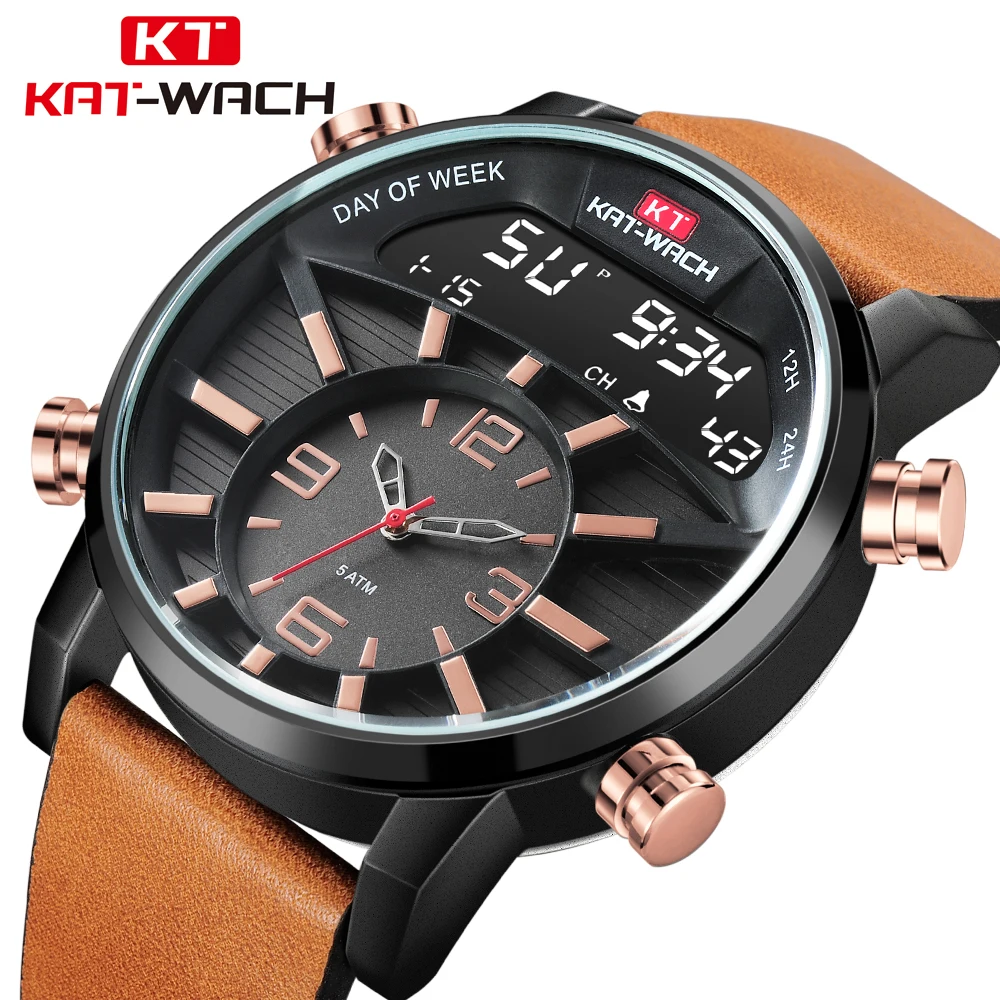 

high quality Men Brown Leather Sport Swim Watches LED Digital Alarm Quartz Watch Military Waterproof 50M Dual Display Clock
