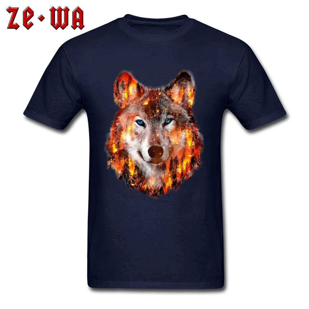 wolf escape from hill fire T Shirt Rife Round Neck Summer Short Sleeve Pure Cotton Men T Shirt 3D Printed Tshirts wolf escape from hill fire navy