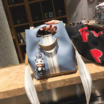 

Hot Selling Women PU Leather Bucket Shoulder Bags with Pendant Wide Guitar Strap Handbag Messenger Bag -B5