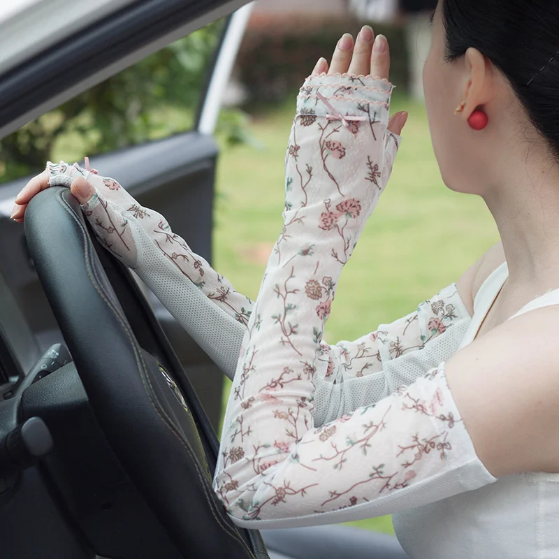 

Summer Fingerless Gloves Female Long Sun Protection Arm Sleeve Sweet Lace Gloves Thin Non-Slip Woman Driving Gloves FS34