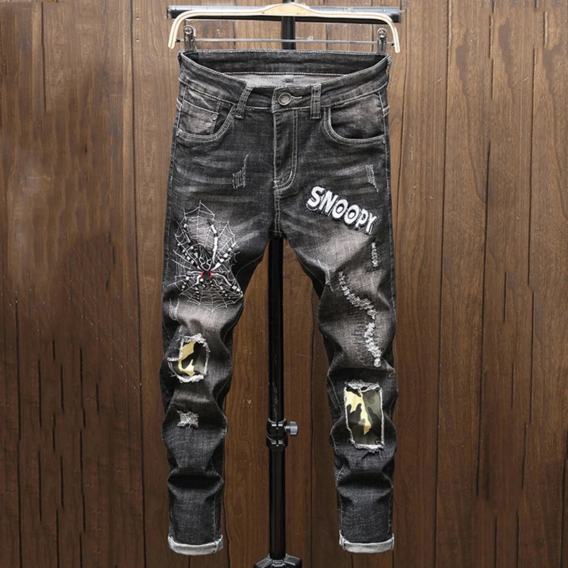

New Fashion High Street Men Jeans Pants Embroidery Ripped Hole Skinny Slim Straight Frayed Skinny Jeans Men Denim Trousers