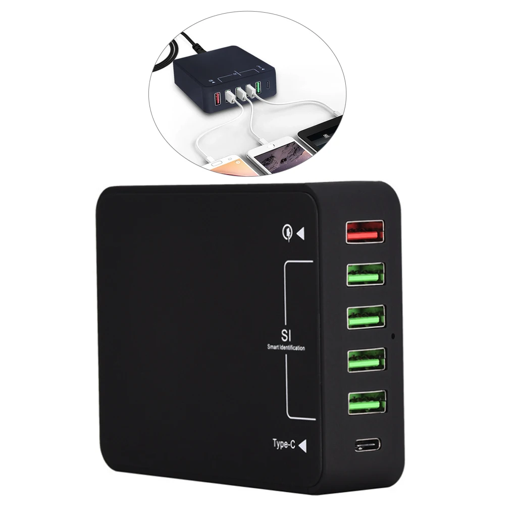 6 Port 60W Type C USB Charging Station,Wall Charger Hub Fast Charging Station with Qualcomm Quick Charge 3.0 and Type C