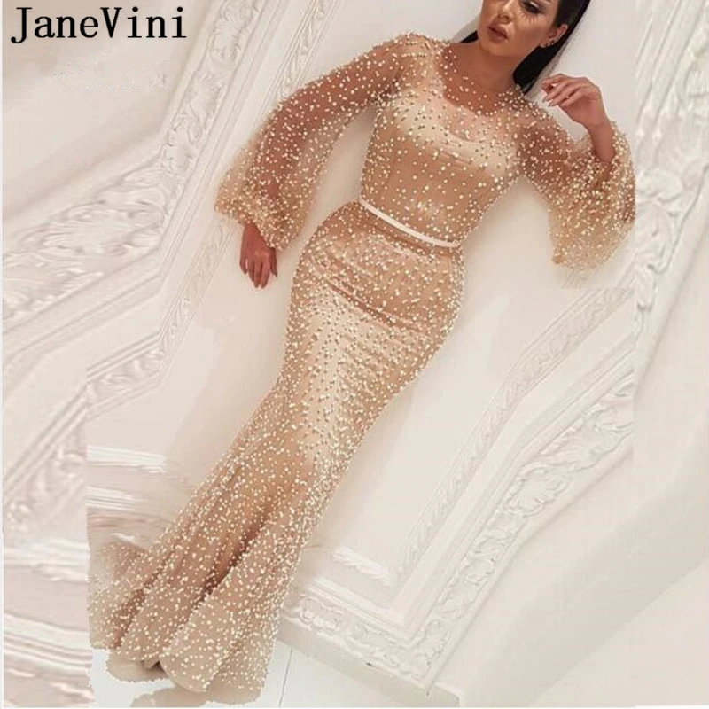 

JaneVini Sexy Arabic Champagne Long Dress Middle East Luxury Heavy Pearls Long Sleeves Ilusion Mermaid Tulle Dresses Gala Jurken