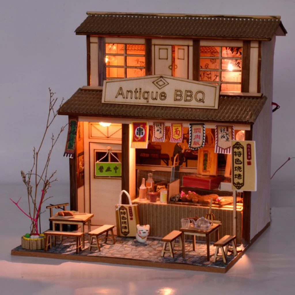DIY Handcraft Miniature Project Dollhouse Furniture Kit Wooden Dolls House Antique Barbecue Restaurant Gift for Children
