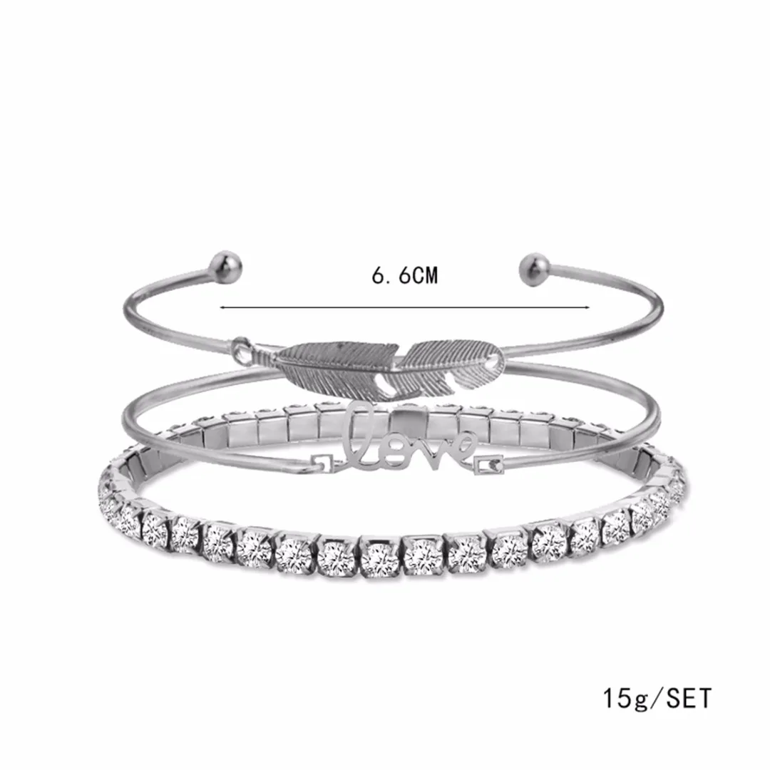 3pcs/Set Women Leaf Feather Love Crystal Rhinestone Open Bangle Bracelets