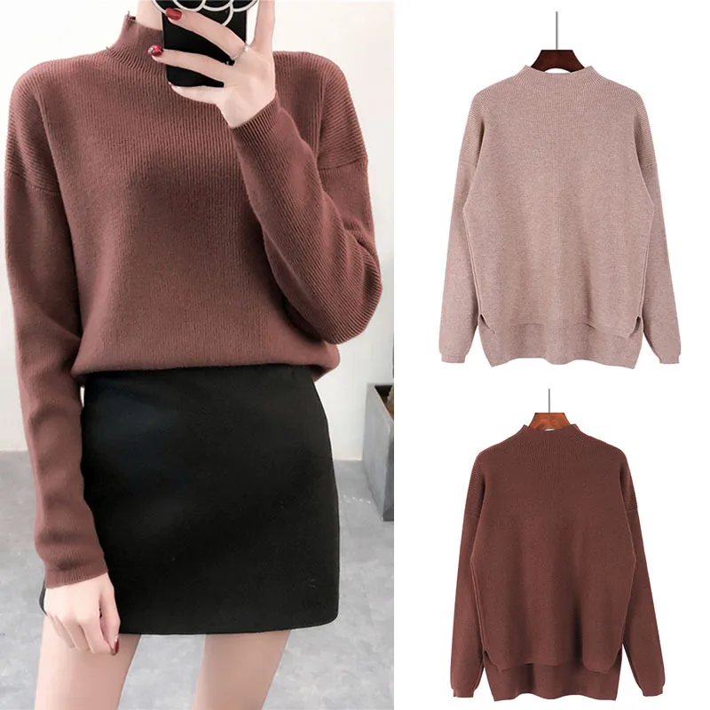 Slashed Hem Half Turtleneck Sweater Women Blouse Knit Sweater Pullover Jumpers Ladies 2018 Fall Winter Basic Loose Thick Tops