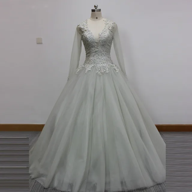 gris plata bata de pelota v cuello de manga larga listones vestido