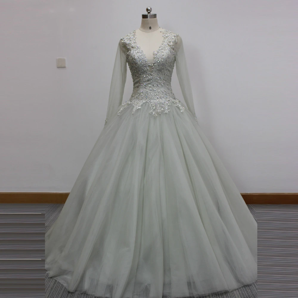 Silber Grau Ballkleid V Ausschnitt Langarm Brautkleider Kleid Gefrieste Sexy Backless Mode Brautkleider Long Sleeve Wedding Dress Bridal Dresssleeve Wedding Dress Aliexpress