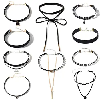 

10 Pcs Necklace Set Black Velvet Flannel Cloth Chokers Pendant Necklaces for Charm Women Fashion Short Chocker Collares Jewelry