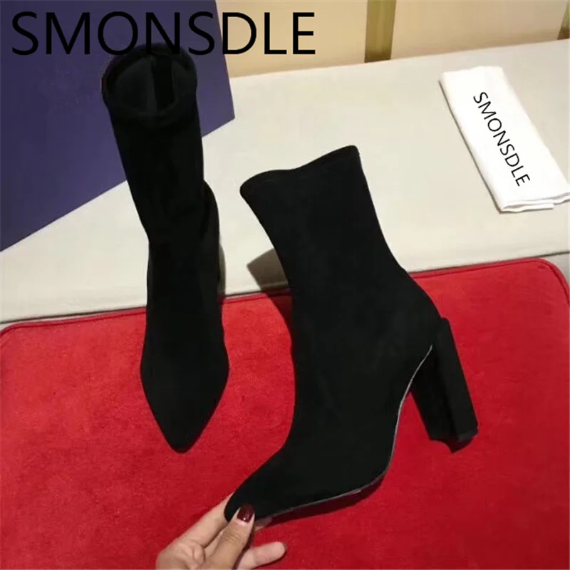 

SMONSDLE Black Suede Pointed Toe Women Ankle Boots Genuine Leather Slip On Thunky Heel Women Autumn Winter Boots Shoes Woman
