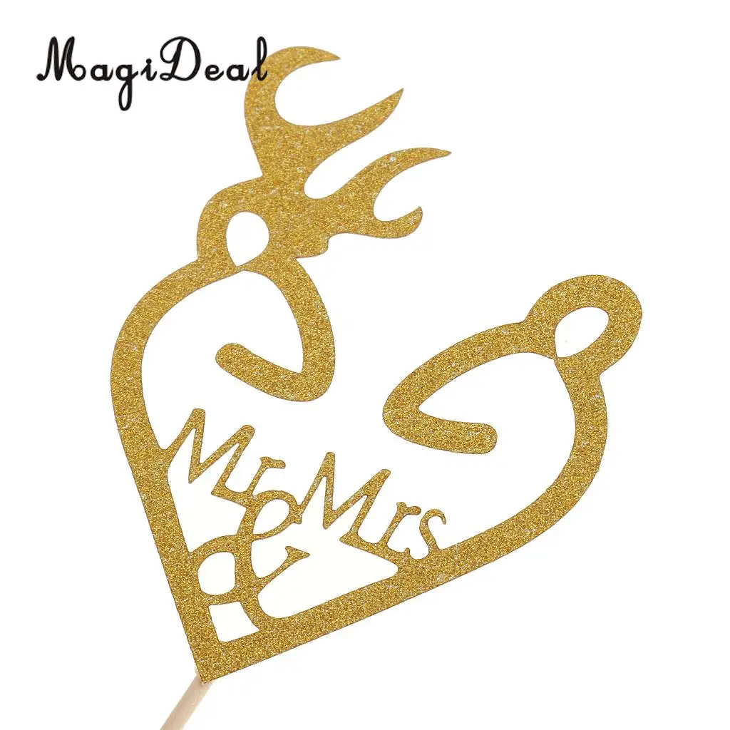 MagiDeal 4Pcs Glitter Antler Style Mr & Mrs Cake Topper Wedding Party Food Picks for Gender Reveal Party Baby Shower Gold/Silver