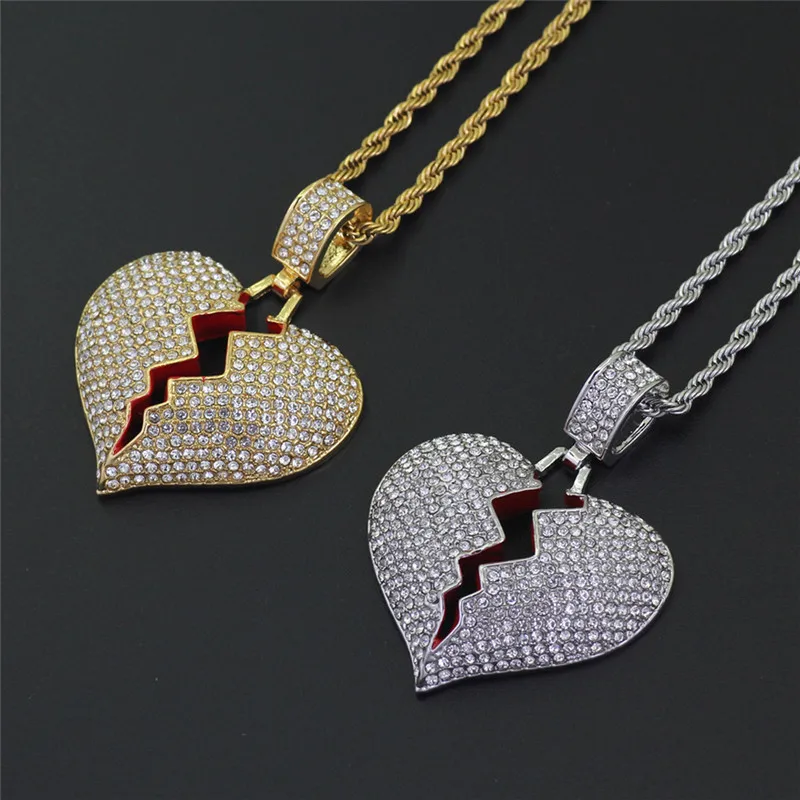 

BOAKO Iced Out Broken Heart Necklace & Pendant With Twist Chain Gold Color Bling Cubic Zircon Men's Hip hop Jewelry Gift X7-M2